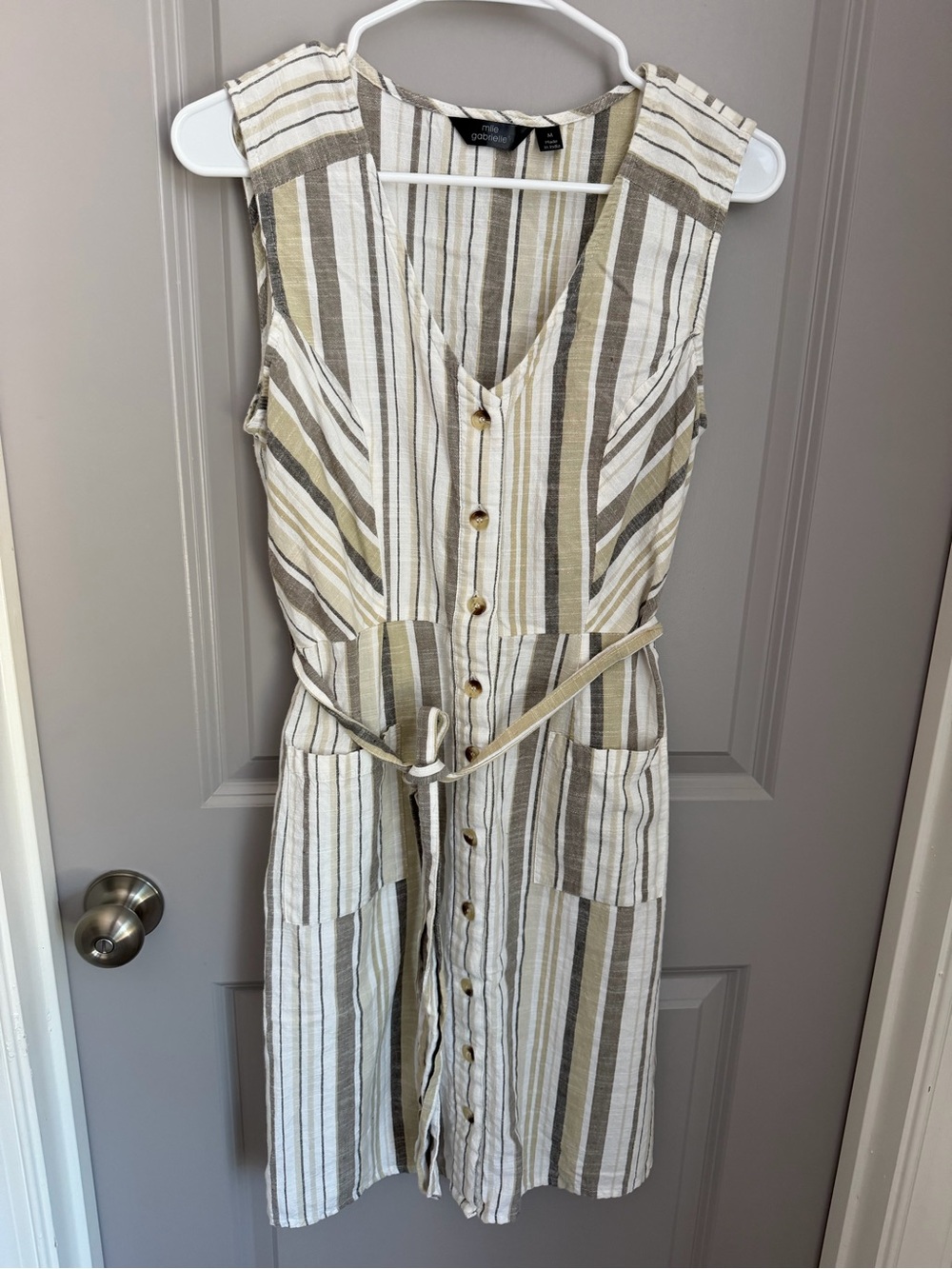 Mila Gabrielle Striped V-Neck Button Front Belted Pocket Shirt Dress M